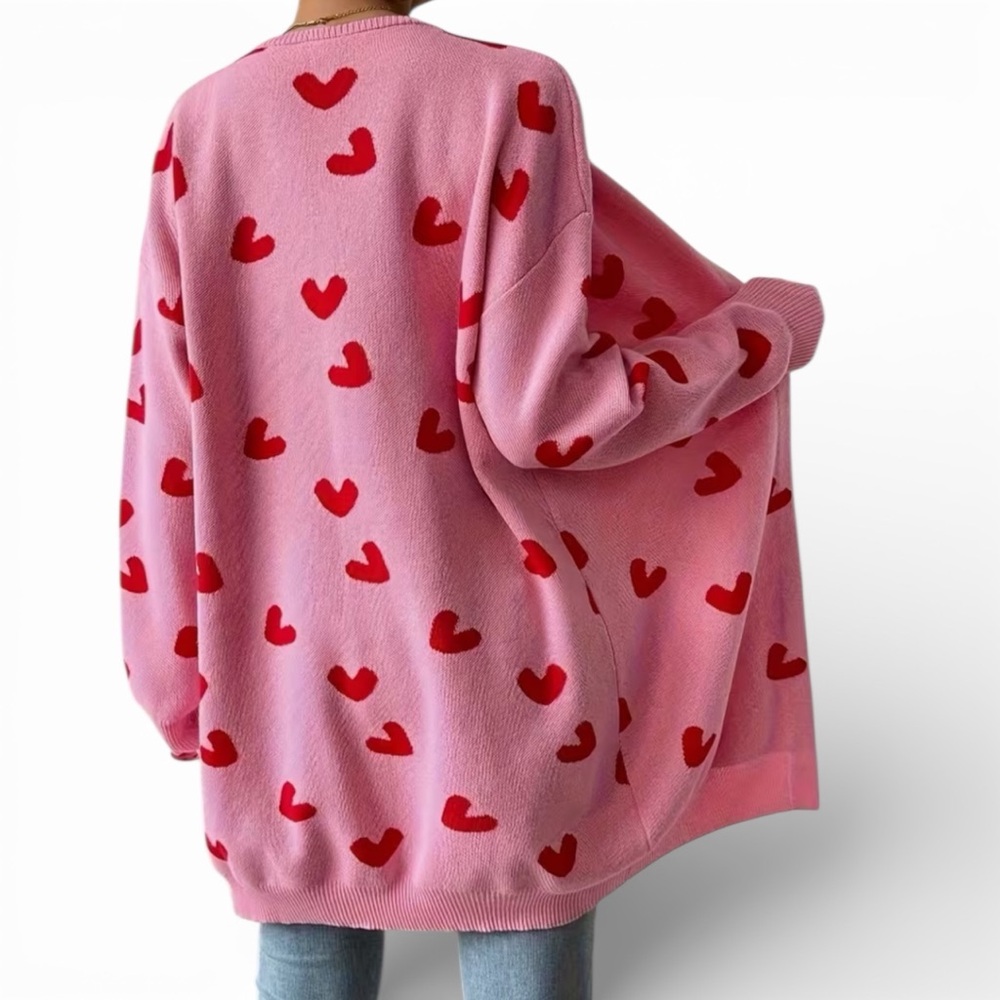Pink Heart Print Open Cardigan - Picture 2 of 3